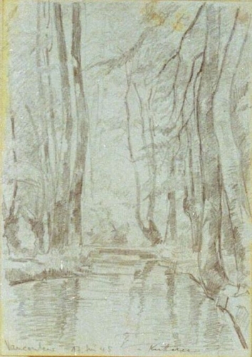 August Kutterer - Zeichnung eines Flusslaufes mit Uferlandschaft