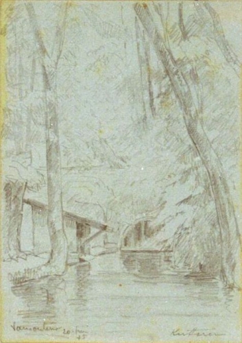 August Kutterer -  Zeichnung eines Flusslaufes mit Uferlandschaft