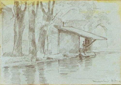 August Kutterer - Zeichnung eines Flusslaufes mit Uferlandschaft