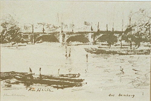 August Kutterer - Flusslauf mit Booten und Steinbrücke