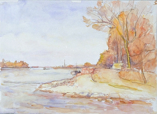 August Kutterer - Flusslauf mit Booten und herbstlicher Uferlandschaft