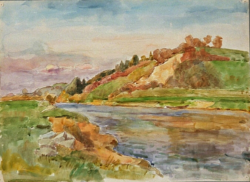 August Kutterer - Fluss mit steinigem und hügligem Ufer
