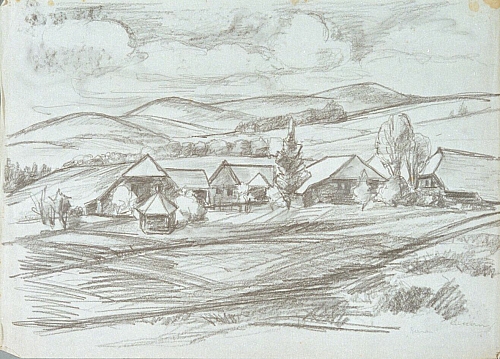August Kutterer - Hügellandschaft mit Häusern