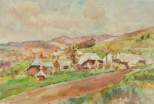 August Kutterer - Kleines Dorf in Hügellandschaft