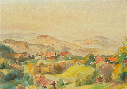 August Kutterer - Bauernhäuser in Tallandschaft mit Hügeln