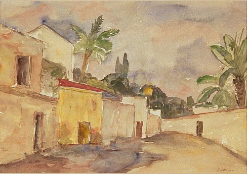 August Kutterer - Straße durch ein südländisches Dorf mit Palmen