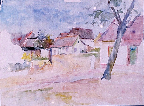 August Kutterer - Wegbiegung einer Dorfstraße mit Häusern