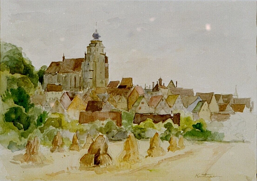 August Kutterer - Felder mit Strohballen vor Dorfkulisse mit prägnanter Kirche, Herrenberg