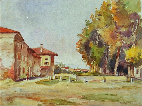 August Kutterer - südländischer Dorfplatz mit Häusern und Bäumen