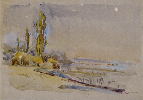August Kutterer - Uferlandschaft mit Bäumen, vermutlich Immenstaad am Bodensee