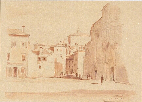 August Kutterer - Breiter Platz mit Kircheingang und Häusern, Udine