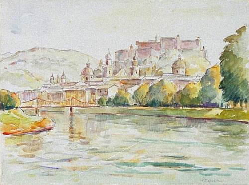 August Kutterer - Uferlandschaft mit Brücke und Stadt mit Kirchtürmen im Hintergrund, Salzburg