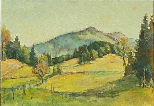 August Kutterer - Wiesenlandschaft mit Bergrücken