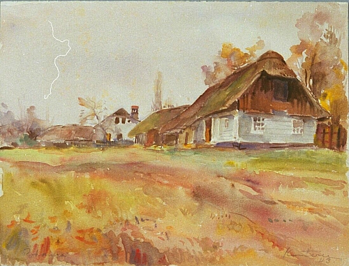 August Kutterer - Dorfeingang mit Bauernhäusern