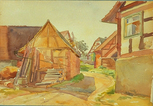 August Kutterer - Dorfstraße mit Holzlagerschuppen