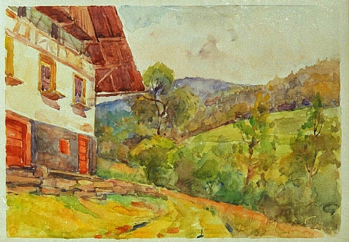 August Kutterer - Bauernhaus mit Wiesen und Hügeln, Glashütte
