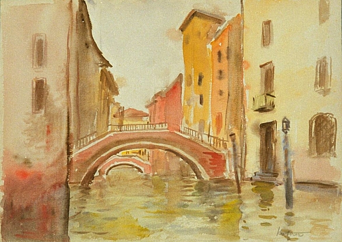 August Kutterer - Häuserzeile mit Wasserstraße und Brücken, Venedig