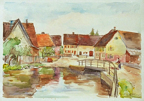 August Kutterer - Fluss durch Dorf mit Steinbrücke