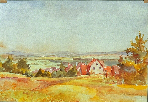 August Kutterer - Weiter Blick in eine Ebene mit Dorf und Feldern