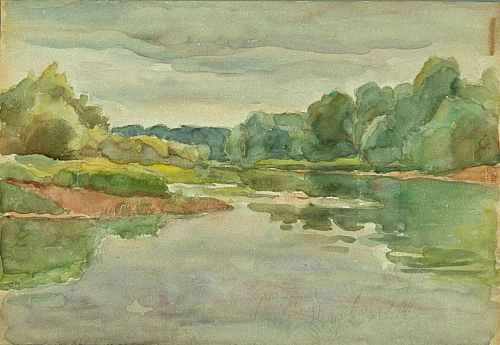 August Kutterer - Breite Flussland mit Bäumen und Sträuchern
