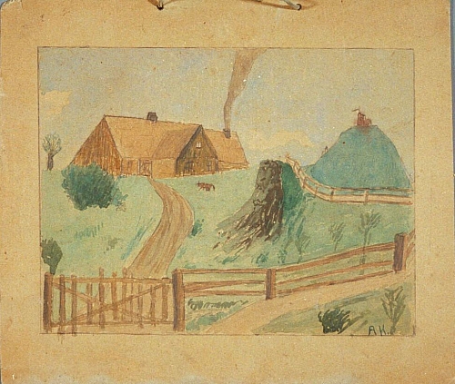 August Kutterer - Bauernhaus mit Wiese und Burg im Hintergrund