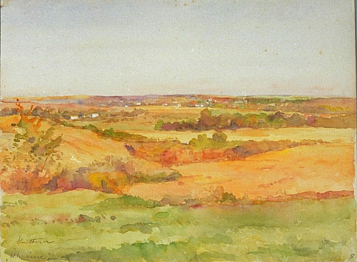 August Kutterer - breite Landschaft mit Häusern am Horizont