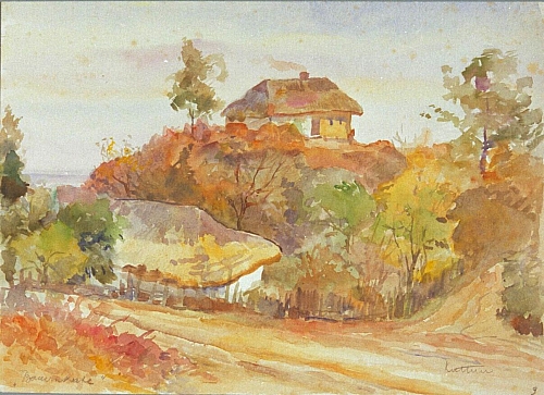 August Kutterer - herbstliche Landschaft mit Häusern, Ukraine