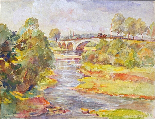 August Kutterer - Flusslandschaft mit Brücke und Passanten