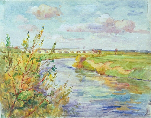 August Kutterer - Flusslandschaft mit langer Steinbrücke