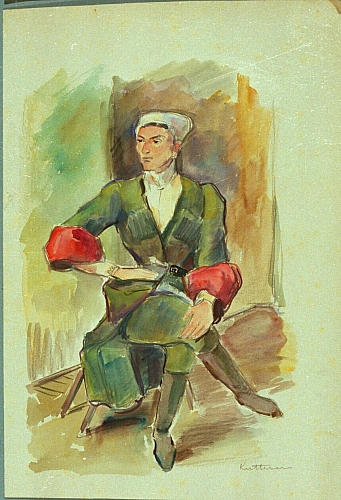 August Kutterer - Kosake auf einem Hocker sitzend