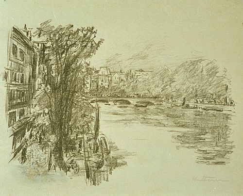 August Kutterer - Flusslauf mit Booten und Häuserufer
