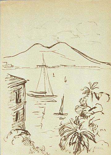 August Kutterer - Blick auf See mit Segelbooten und Bergen im Hintergrund, Neapel