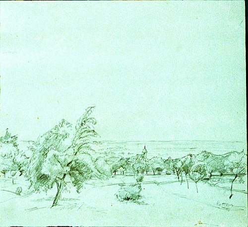 August Kutterer - Blick über weite Ebene mit Feldern, Wiesen und Dorf