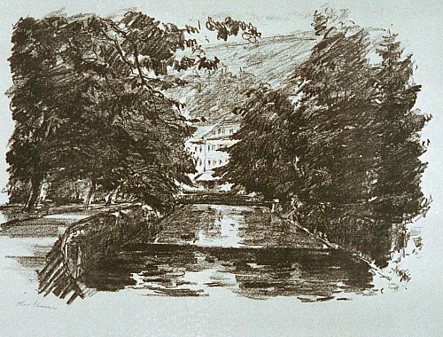 August Kutterer - Flusslauf mit Spazierweg und Bäumen