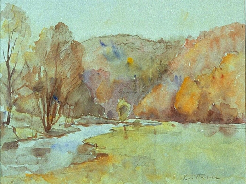 August Kutterer - Flusslauf zwischen Wiesen und Bäumen am Ufer, Hügel im Hintergrund