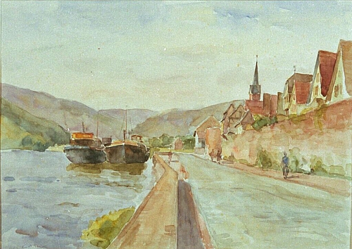 August Kutterer - Uferpromenade mit Stadtmauer und Schiffen vor Anker