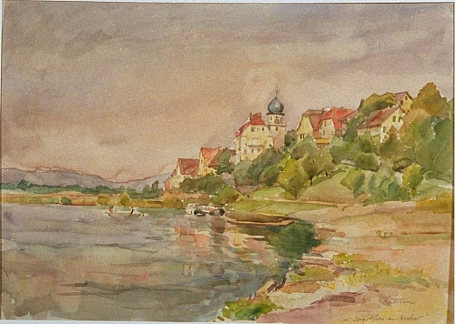 August Kutterer - Flusslandschaft mit Dorf auf Anhöhe