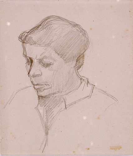 August Kutterer - Bildnis einer Frau, Elise Kutterer,  mit gesenktem Kopf, Brustbild, 3/4 Profil, Skizze