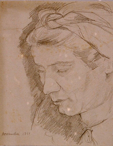 August Kutterer - Bildnis einer Frau, Elise Kutterer,  mit gesenktem Kopf im Profil, Skizze