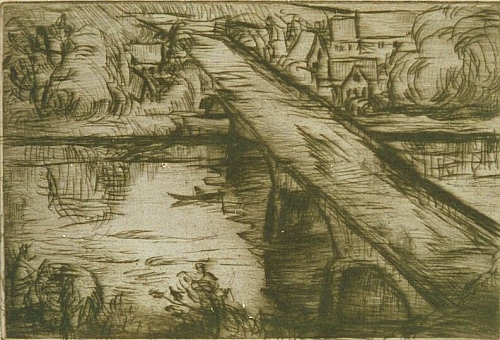 August Kutterer - Steinbogenbrücke über einen Fluss zu kleinem Dorf