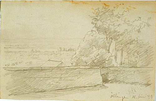 August Kutterer - eingemauerte Terrasse mit Blick in weite Landschaft, Albingen, Skizze