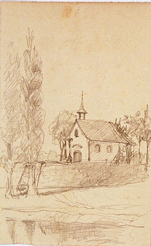 August Kutterer - Kleine Dorfkapelle an Ufergestade, Skizze