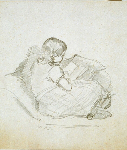 August Kutterer - Bildnis eines Mädchens liegend auf den Armen aufgestützt beim Lesen, Rückenansicht, Skizze
