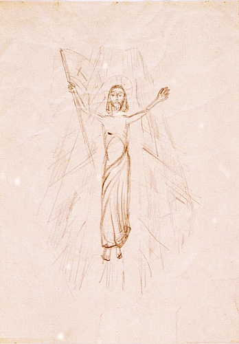 August Kutterer - Jesusfigur im Lichtschein mit Kreuzesfahne