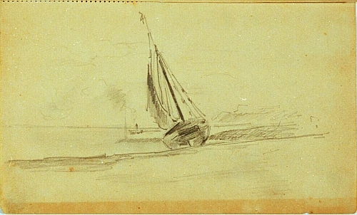 August Kutterer - Skizze eines Segelboot vor Anker