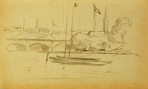 August Kutterer - Skizze einer Stadt mit Steinbrücke und Segelboot im Vordergrund