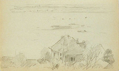 August Kutterer - Skizze eines Blicks von einer Anhöhe zu Haus am See mit gegenüberliegendem Ufer