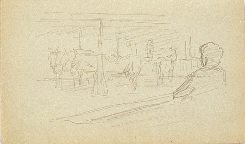 August Kutterer - Skizze zusammenstehender Pferde mit Figur im Vordergrund