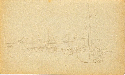August Kutterer - Skizze von Segelboten und Hausdächer im Hintergrund