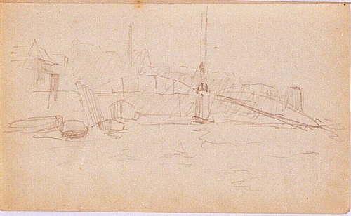 August Kutterer - Skizze einer Brücke mit Booten vor Anker